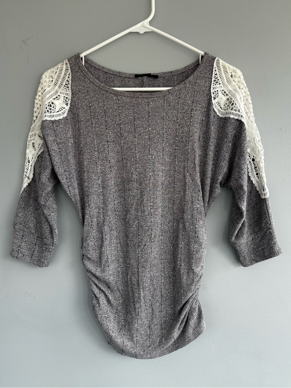 Gray Knit Top with White Crochet Shoulder Detail